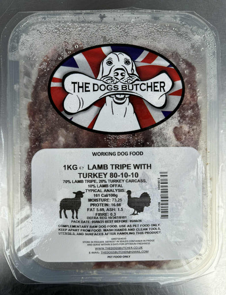 The Dogs Butcher - Lamb Tripe with Turkey - 80/10/10 - 1kg
