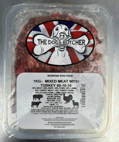 The Dogs Butcher - Mixed Meat & Turkey - 80/10/10 - 1kg