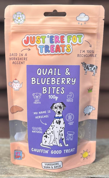 Just 'Ere Fot Treats Quail & Blueberry Bites 100g